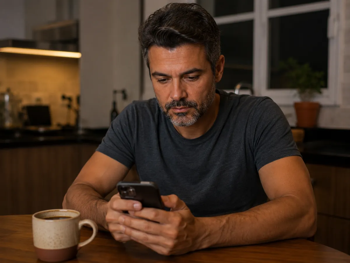 Homem adulto à mesa da cozinha olhando o celular, com uma caneca de café