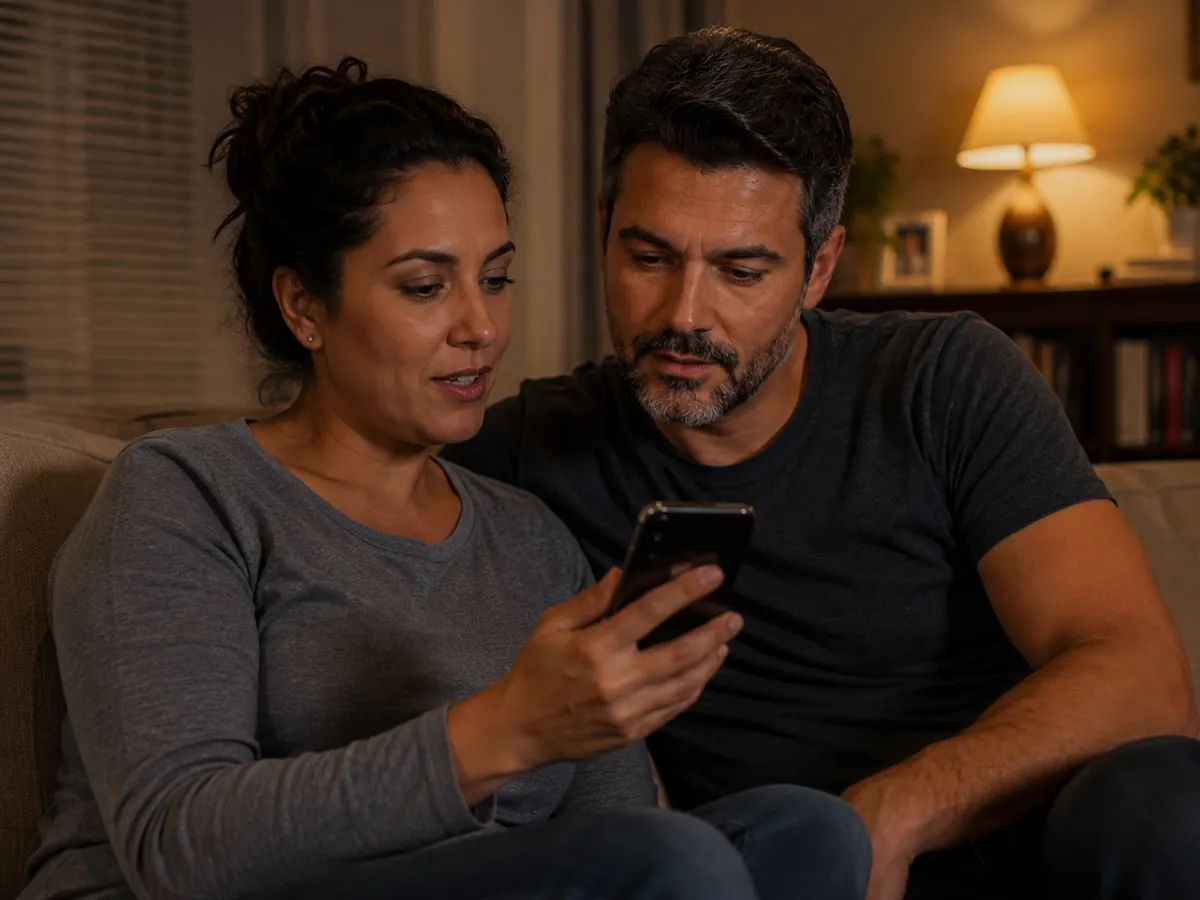 Casal adulto no sofá olhando juntos a tela de um celular