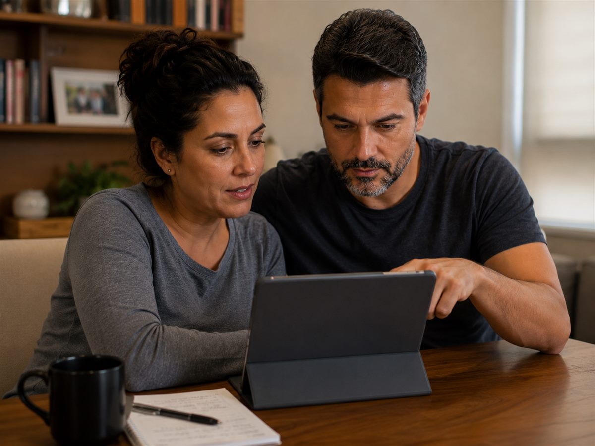Casal adulto à mesa olhando juntos a tela de um tablet, com caderno, caneta e caneca de café sobre a mesa
