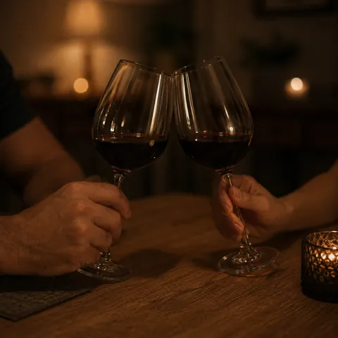 Casal adulto brindando com taças de vinho tinto à luz de velas