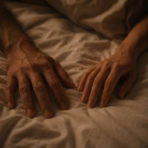 Duas mãos de um casal apoiadas lado a lado sobre a cama, em luz quente