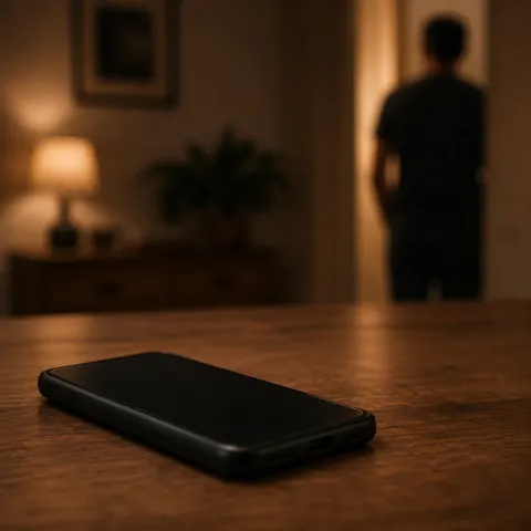 Celular deixado sobre a mesa e uma pessoa se afastando pelo corredor, ao anoitecer
